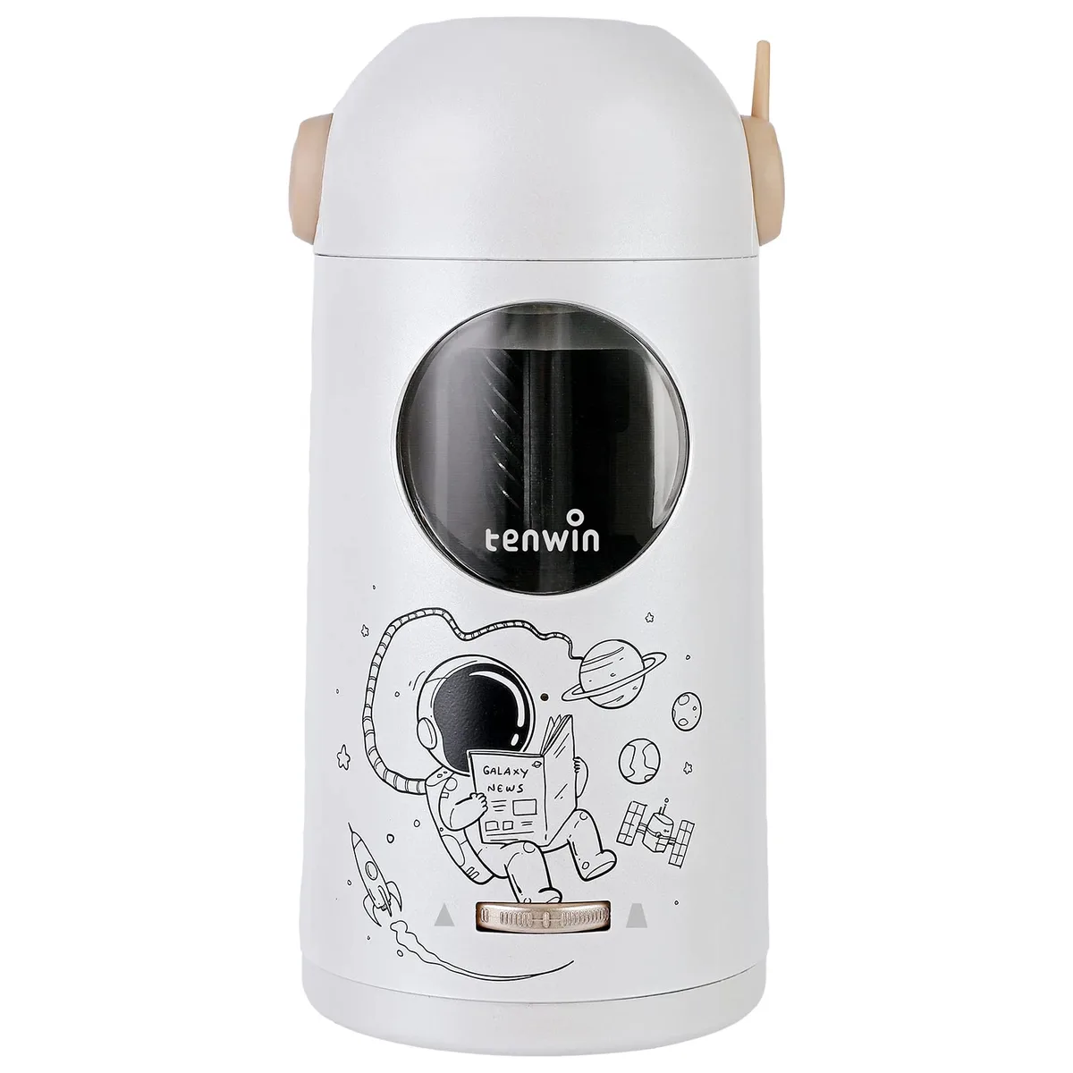 Silver rechargeable electric pencil sharpener, compact cube shape with pencil slot