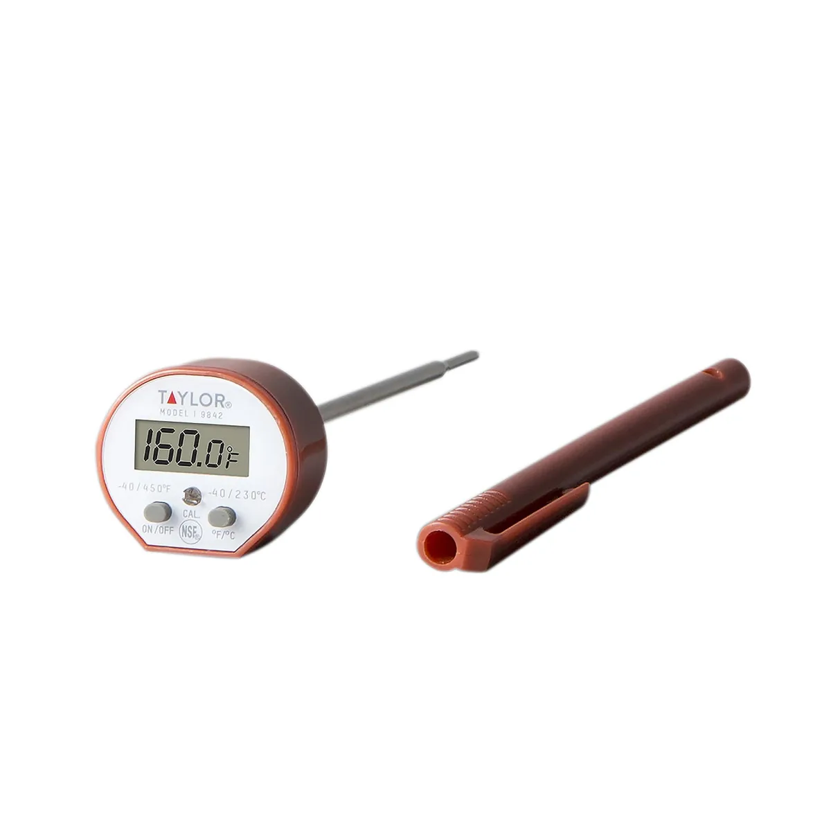 Red waterproof digital thermometer with .8 inch LCD display and pocket sleeve clip