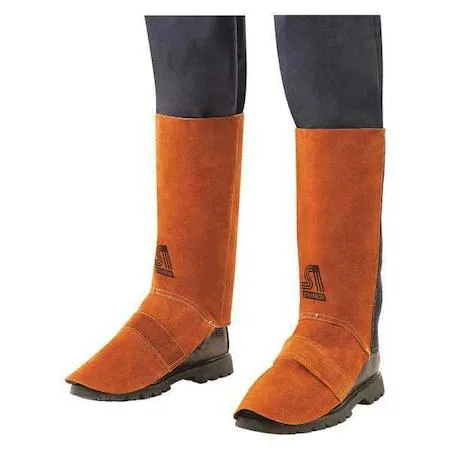 Brown cowhide welding spats with hook-and-loop closures and Kevlar stitching