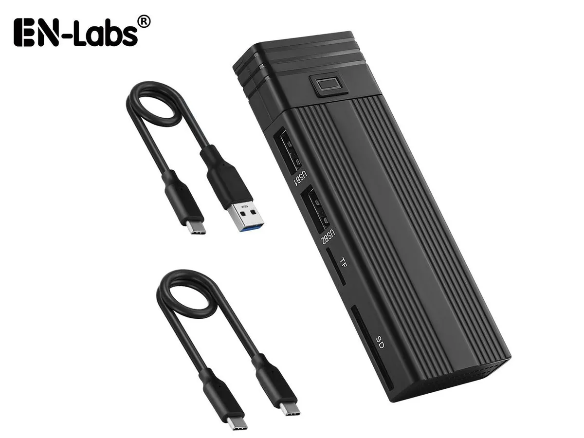 EN-Labs EN-Labs M.2 NVMe/NGFF Enclosure USB 3.2 Gen 2 10Gbps with 2×USB 2.0 Hub SD/TF Card Reader 2242/2260/2280 — product photo