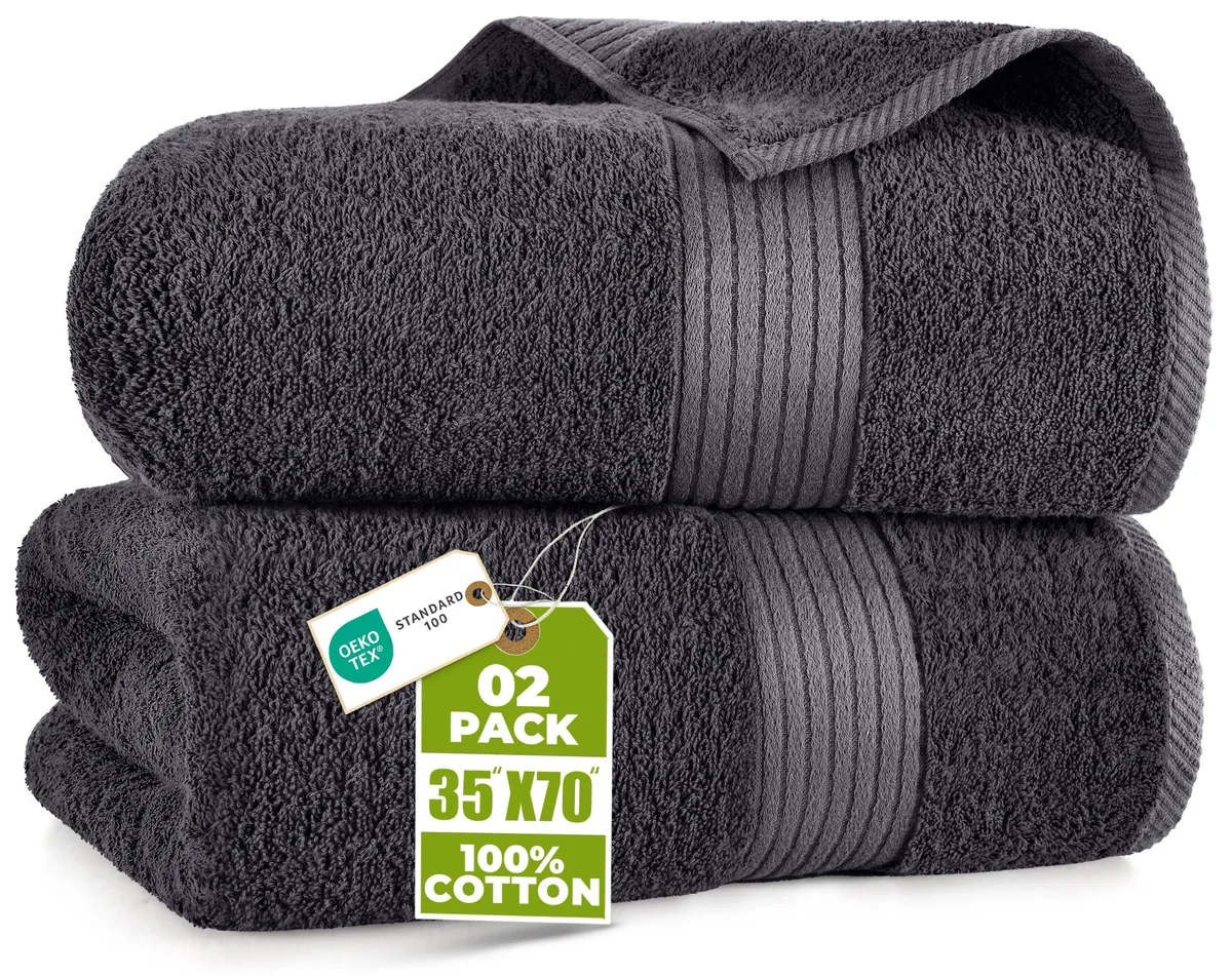 Two large grey cotton bath sheets folded together, 35 by 70 inches