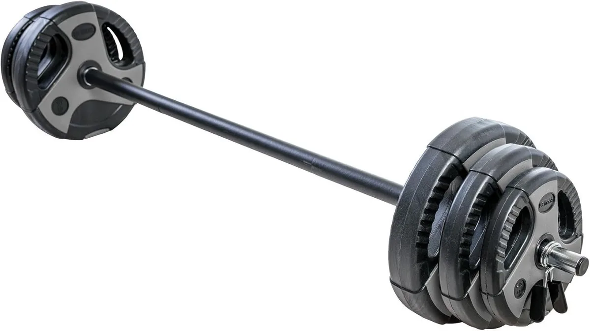 Grey and black 43 lb barbell set with foam-padded bar, handled plates and spring collars