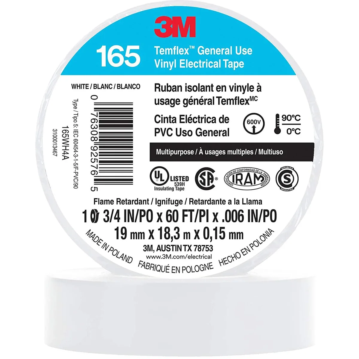 3M 3M Temflex 165 Vinyl Electrical Tape White 10-pack — product photo