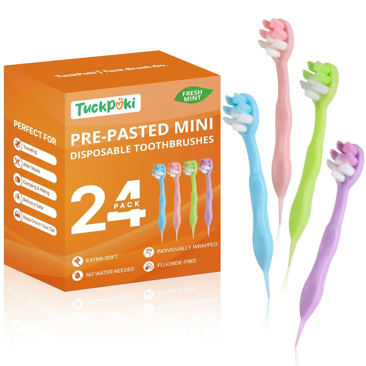 Box of 24 individually wrapped mini toothbrushes in assorted colours