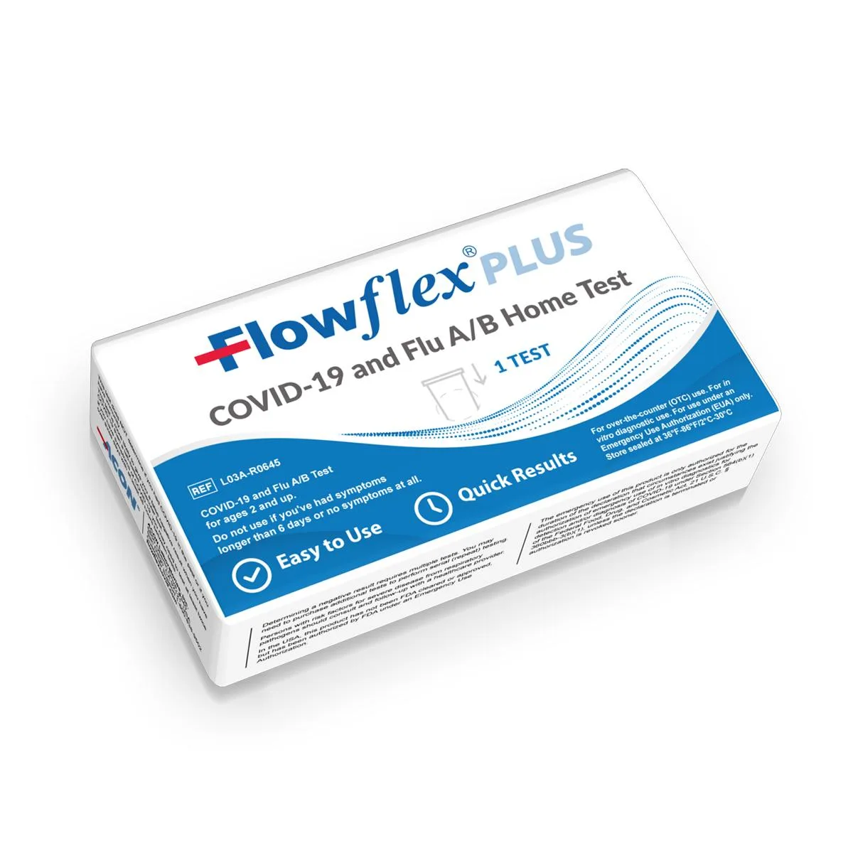 White rectangular test cassette with three result windows and a blue nasal swab beside it
