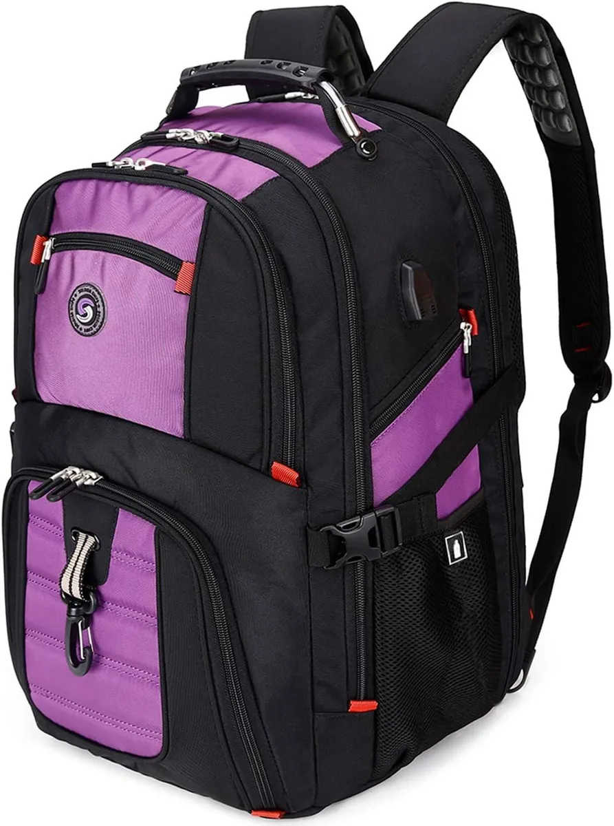 Purple 50L travel laptop backpack with USB port and combination lock