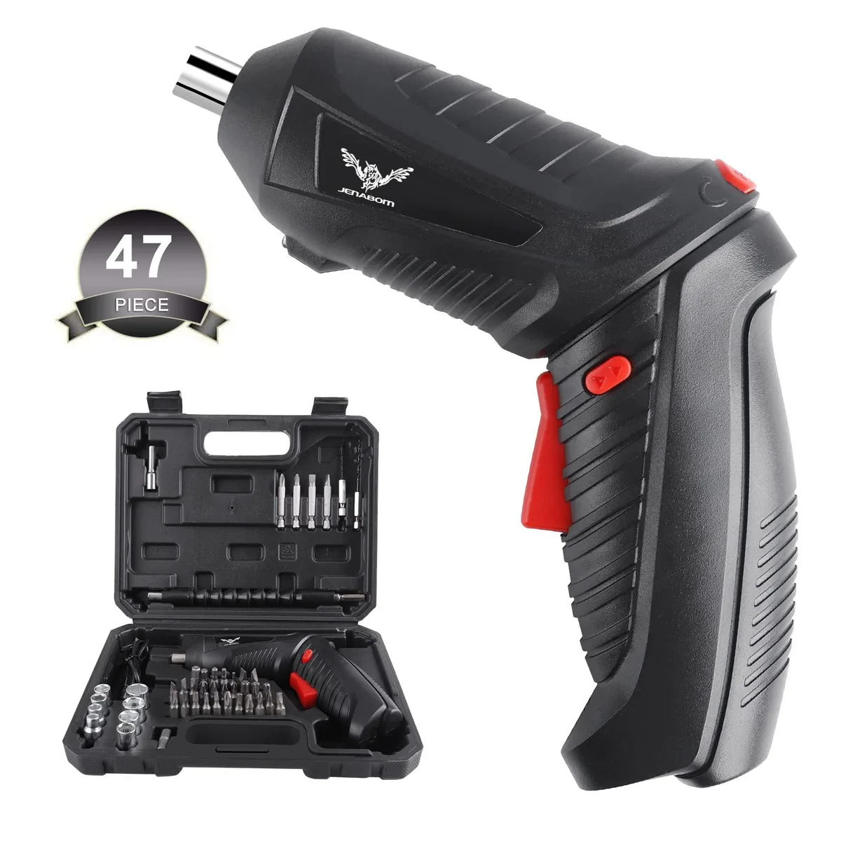 Black cordless screwdriver with 90-degree rotating handle, LED light, and 44-piece bit set in storage case