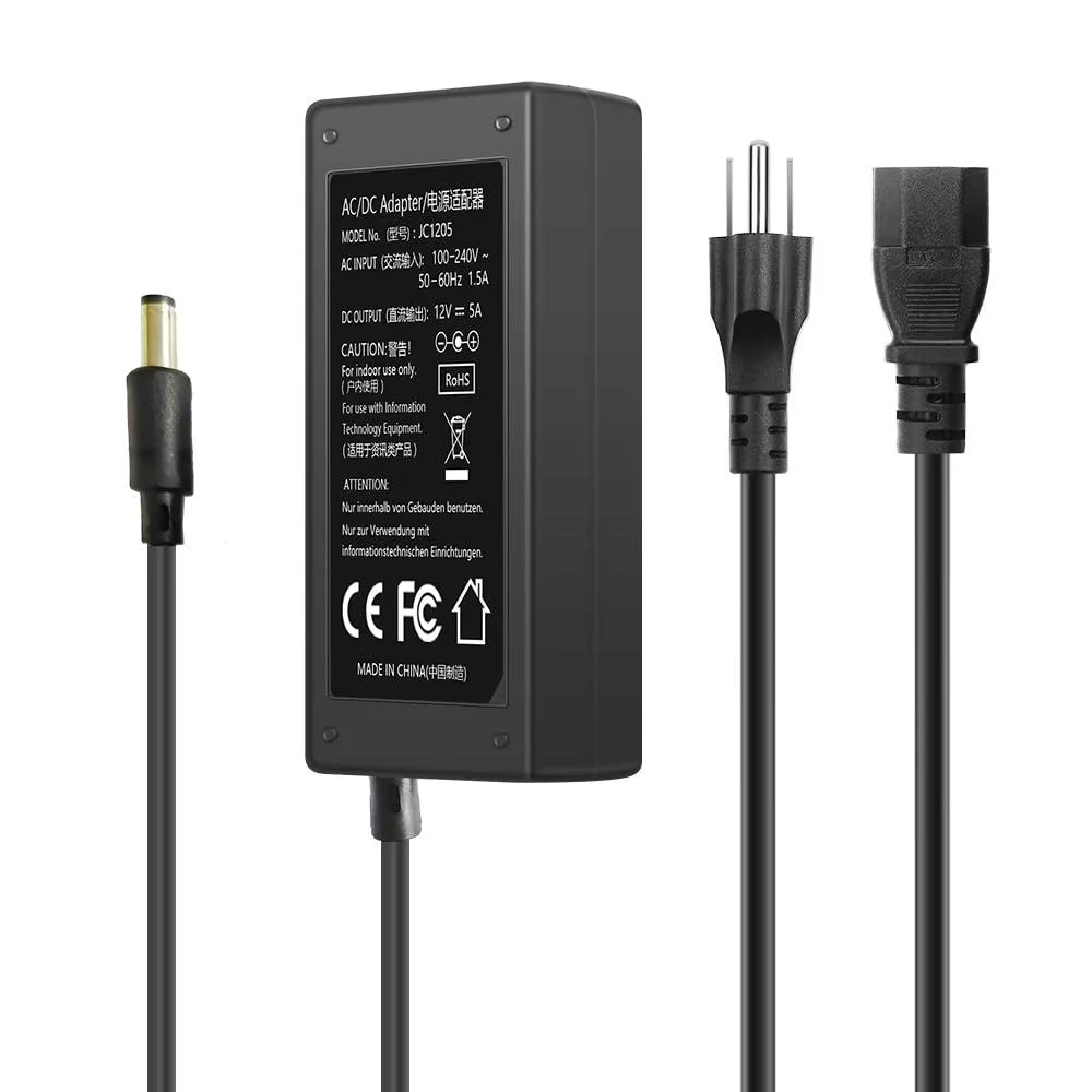 Arybroourd 12V 5A 60W AC/DC Adapter 5.5mm x 2.5mm Barrel Plug International Power Cord — product photo