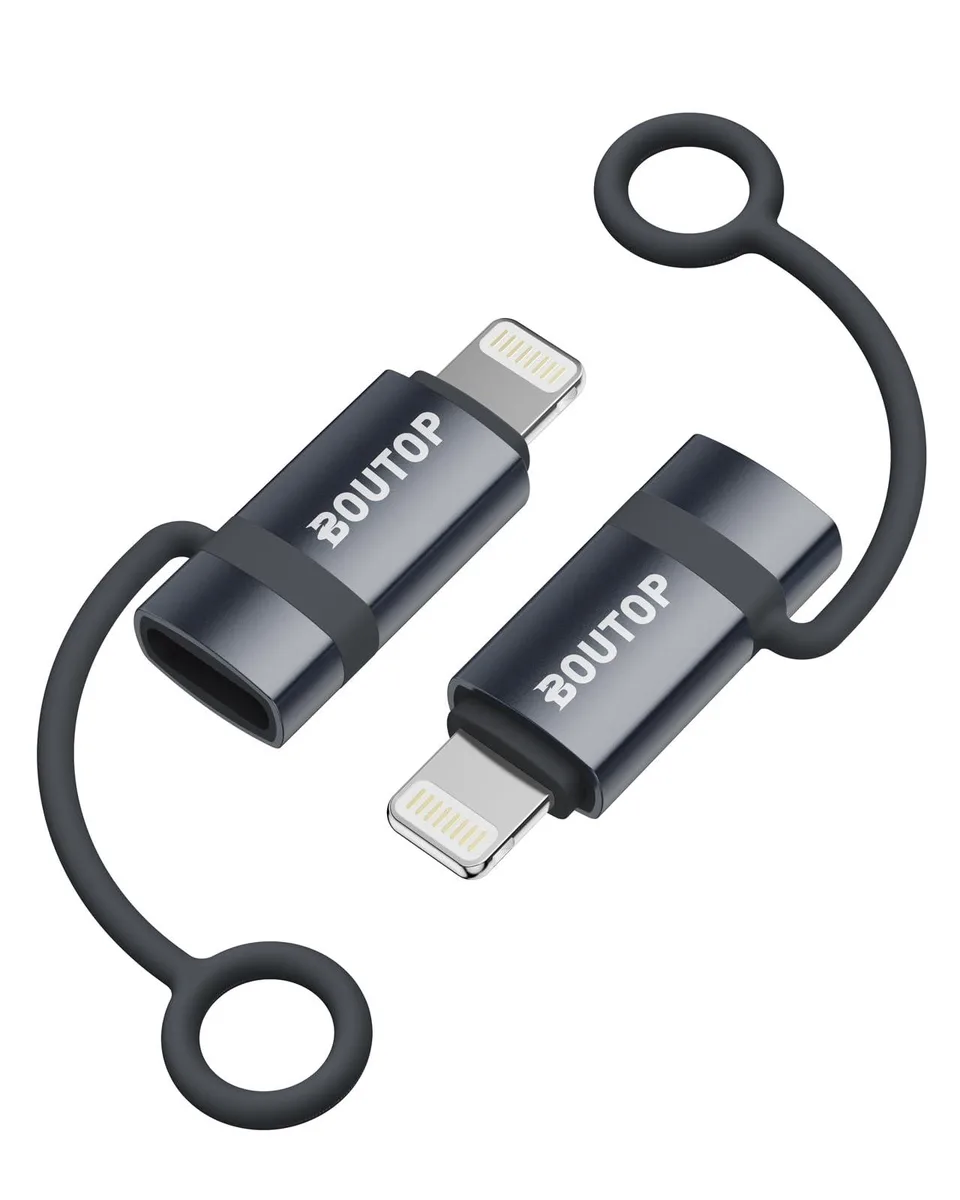 Two dark gray USB-C to Lightning adapters with silicone rings