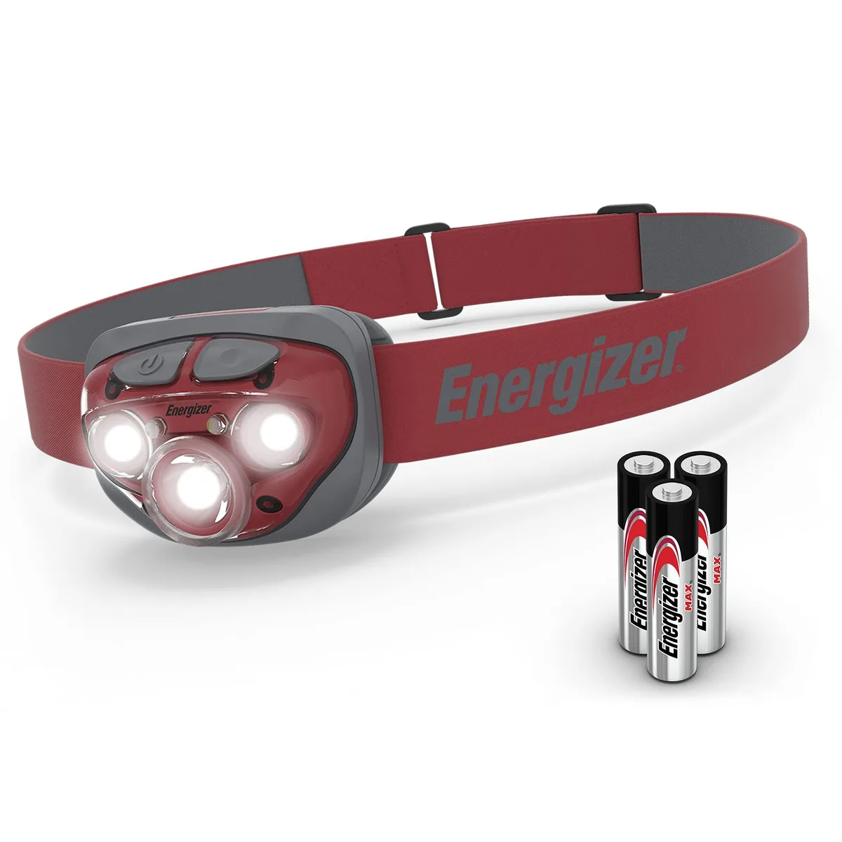 Black LED headlamp with adjustable strap, compact rectangular light unit, pivoting head visible