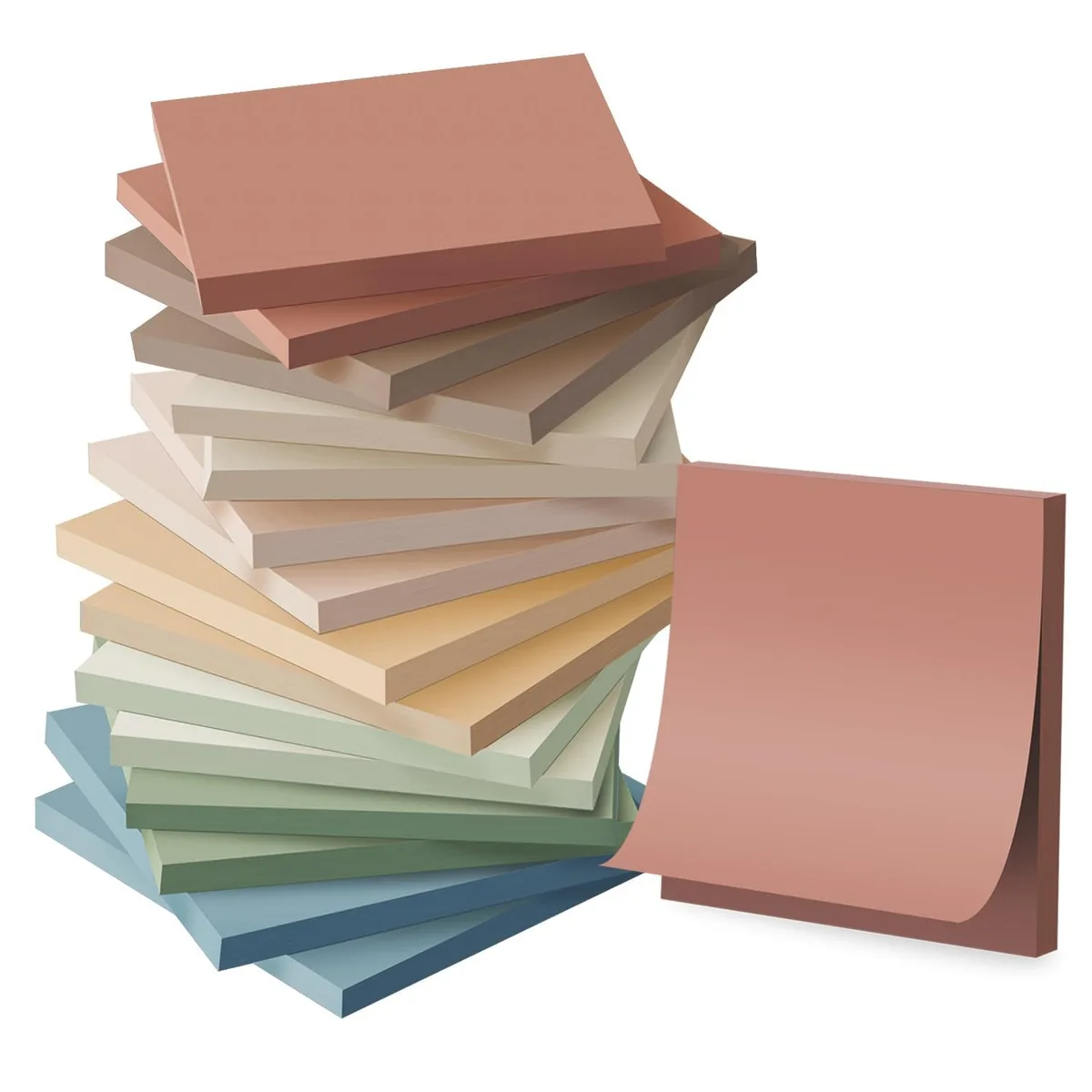 Sixteen square sticky-note pads in muted vintage colours, 3 by 3 inches each