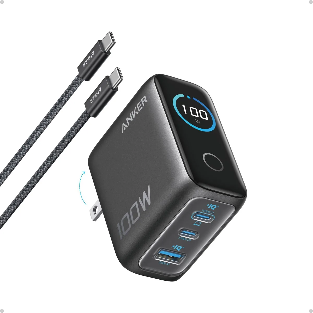 Compact white GaN wall charger with foldable plug, smart display and 4.9 ft USB-C cable