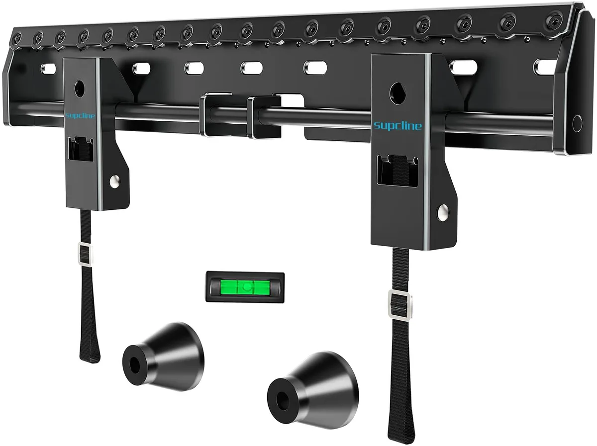 Black steel TV wall mount with low-profile arms and nail-in drywall anchors
