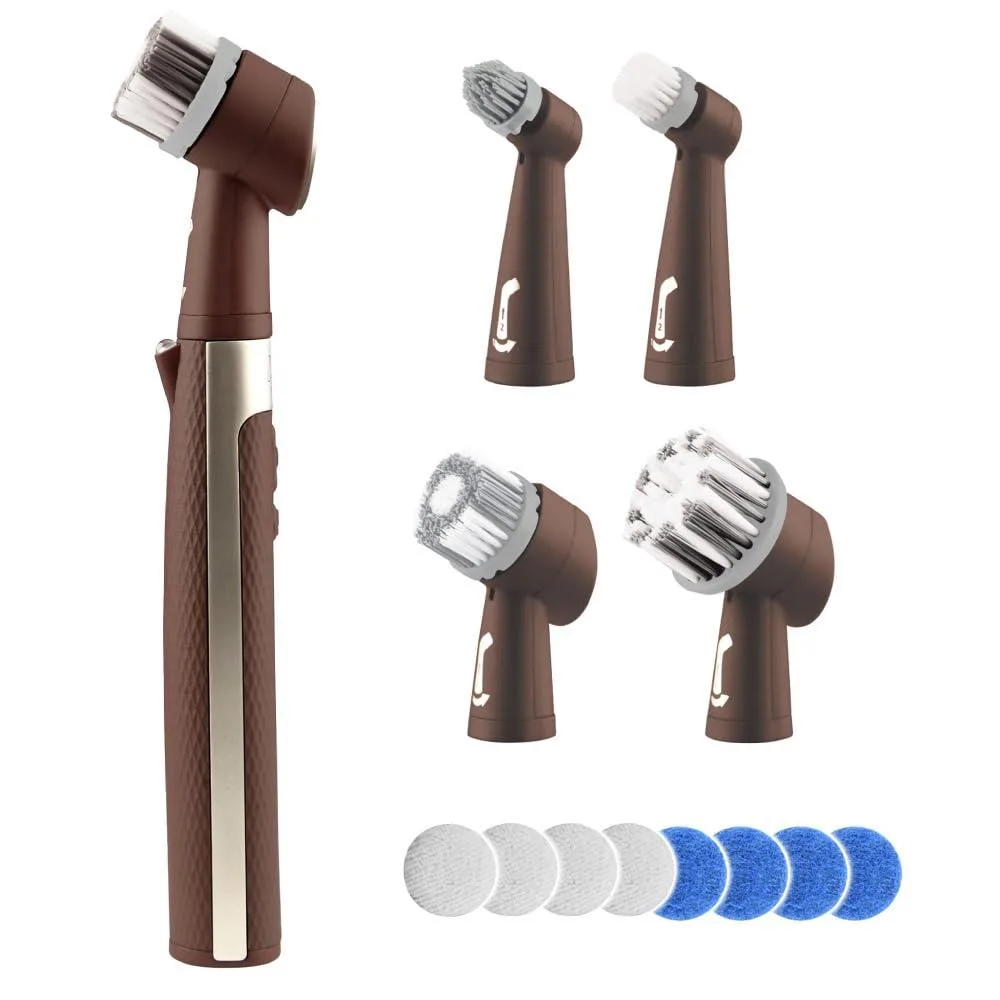 Small white cordless oscillating scrubber with LED light and five interchangeable brush heads