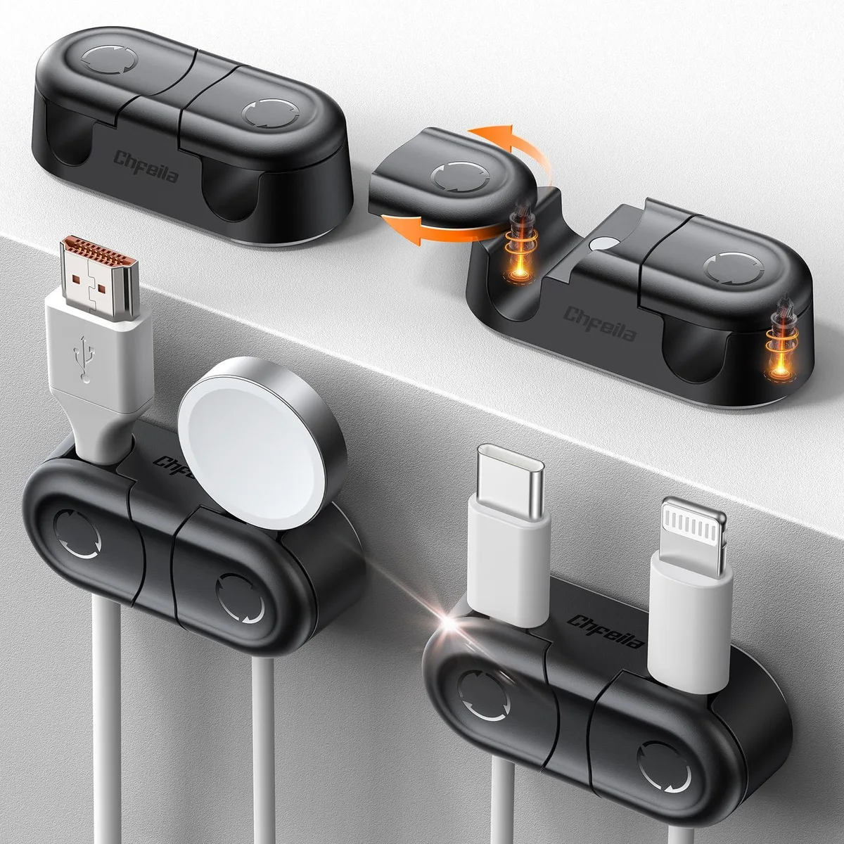  Chfeila CC05-4P-BK magnetic cord clips 4-pack dual slot 360° rotating black 1.8 in — product photo