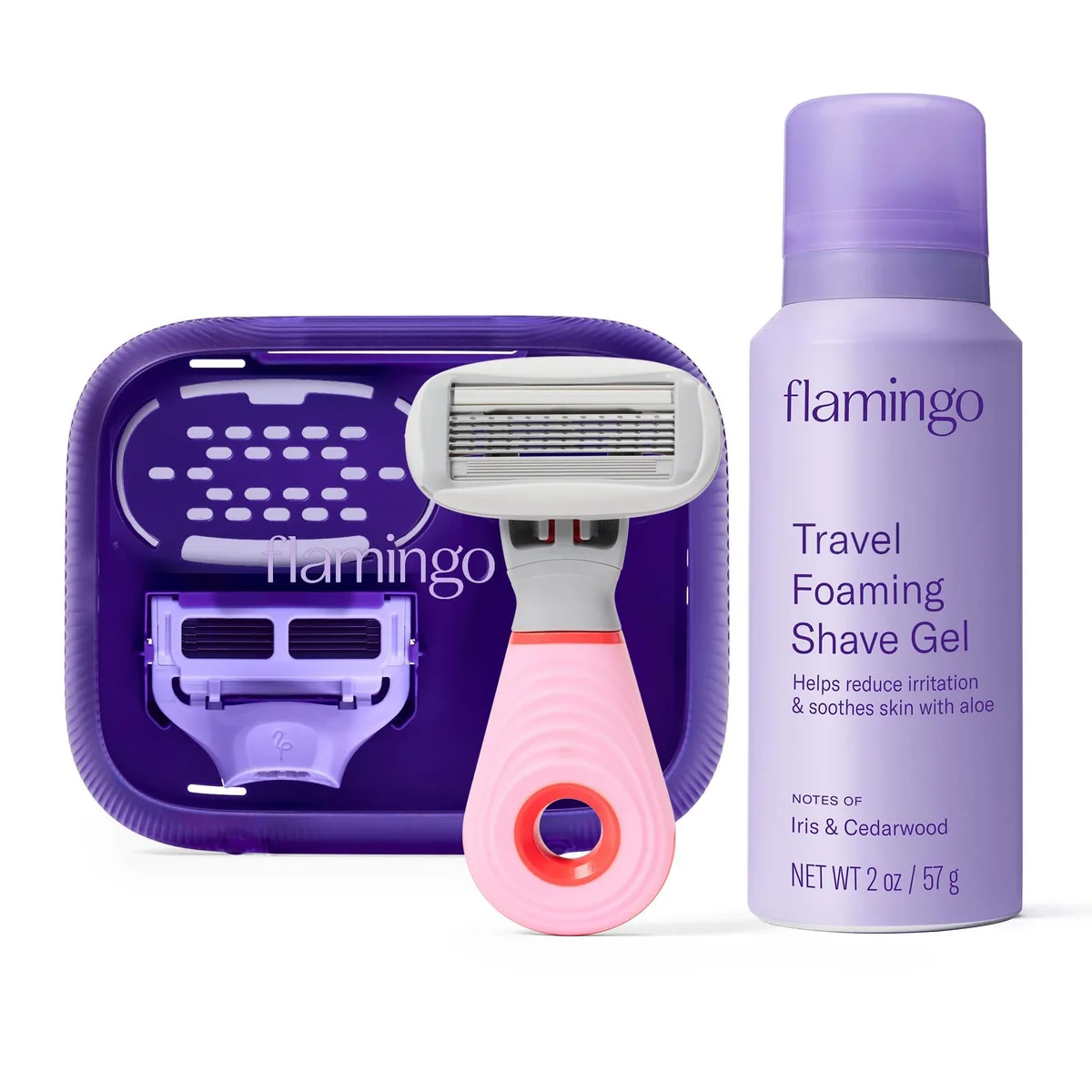 Silver mini razor handle with two blade cartridges, vented case and small gel tube
