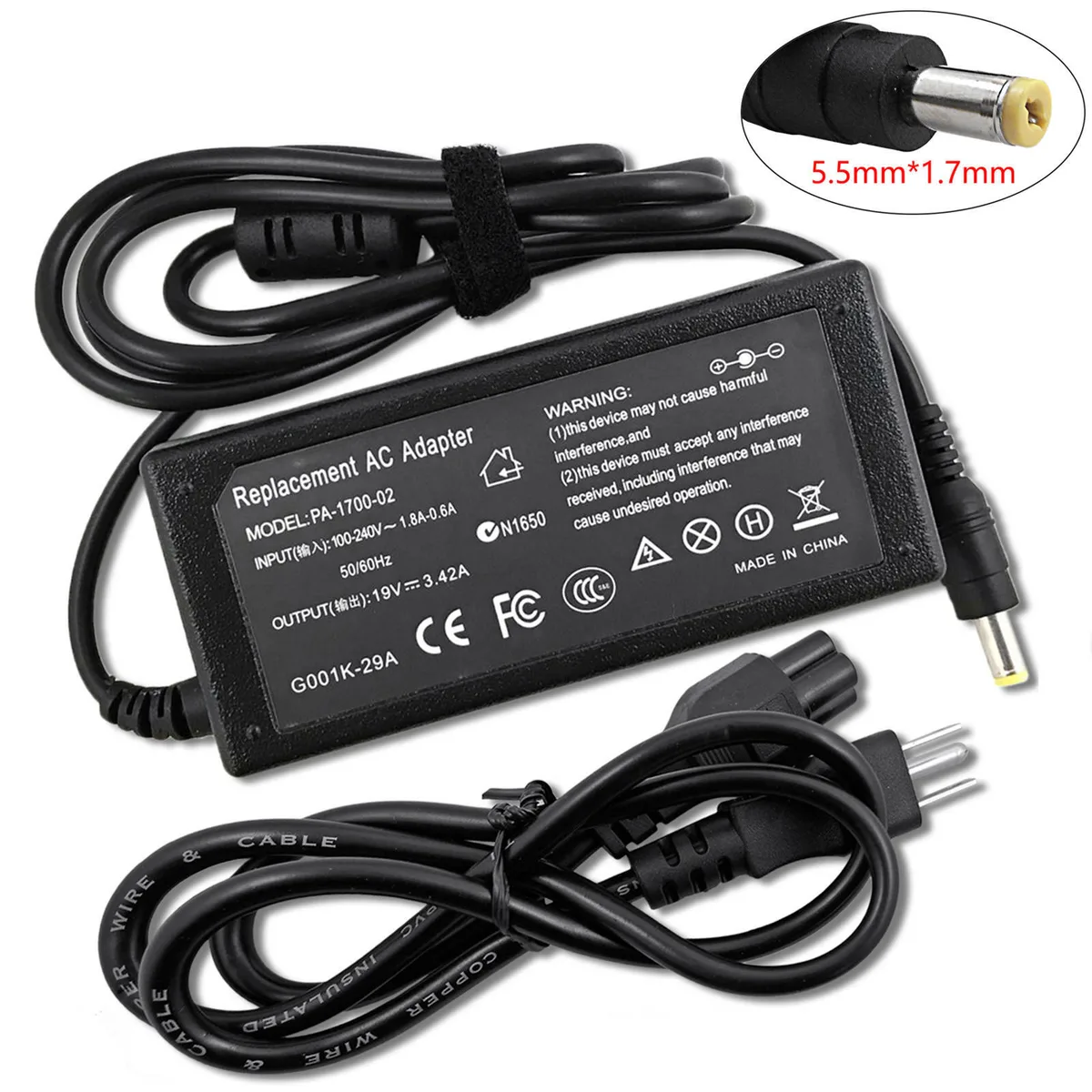 USABATTERY USABATTERY 65 W 19 V 3.42 A AC adapter 5.5 mm 1.7 mm tip for Acer Aspire 3 A315-51 A315-52 A315-53 — product photo