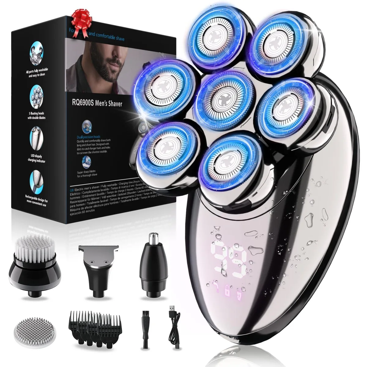 Grey rotary shaver with three circular heads and LED display