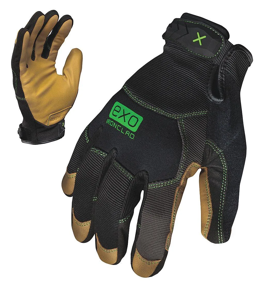 Medium gray mechanics gloves with black and gold accents, neoprene knuckle guards, hook-and-loop cuff, goatskin palm, size M