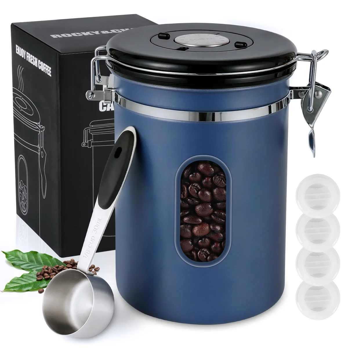  ROCKY&amp;CHAO 1800ML Airtight Coffee Canister Blue 22.8OZ — product photo