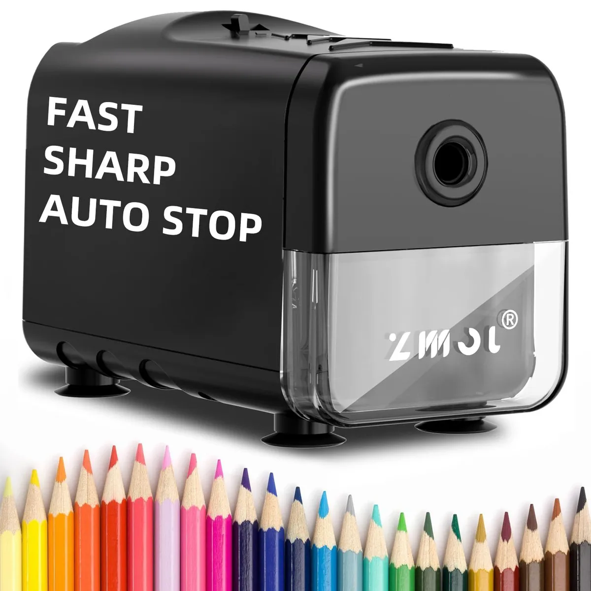 Black corded electric pencil sharpener with ABS housing and stainless steel blade