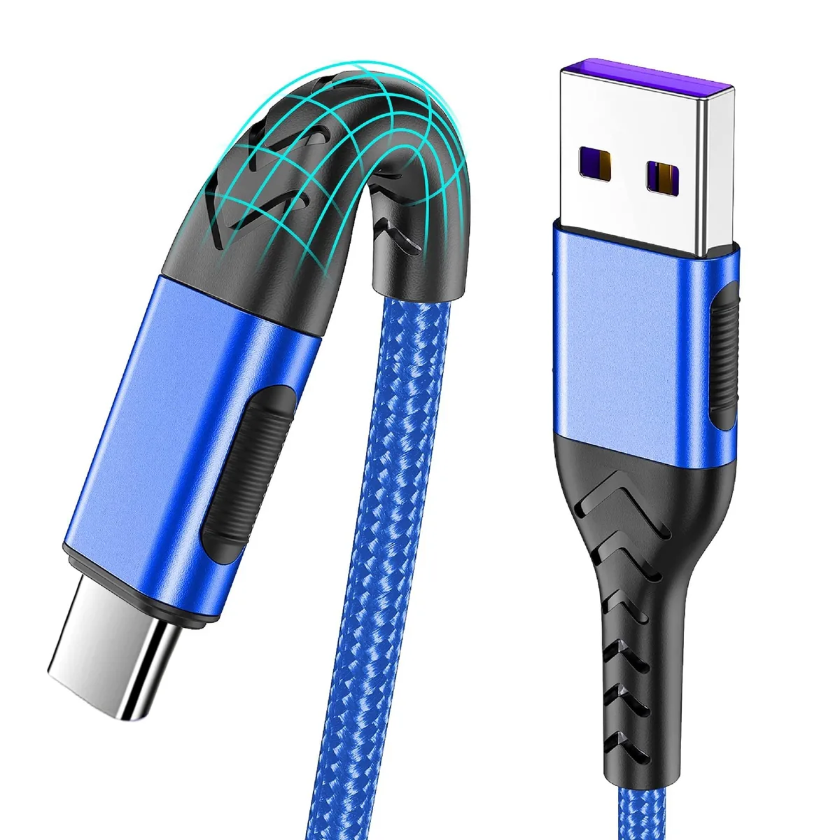 Orange braided USB-C cable coiled, 16 ft long, male-to-male connectors