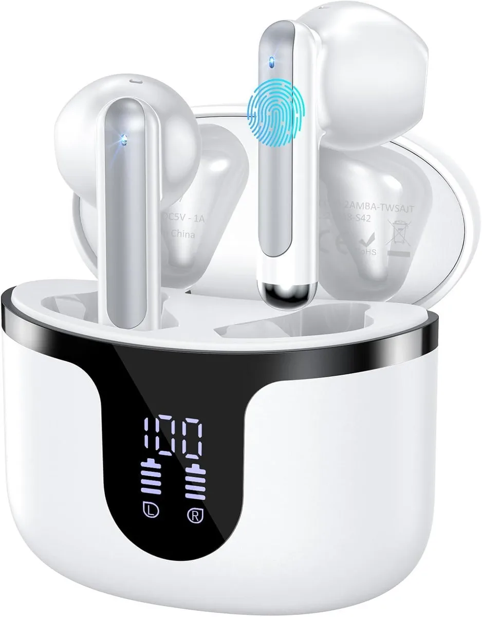 White in-ear wireless earbuds with charging case