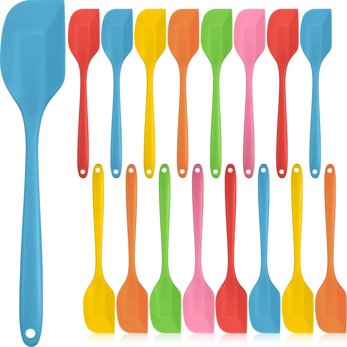 Twenty-four blue silicone spatulas, each 11 inches long, seamless one-piece design with stainless steel core, heat resistant