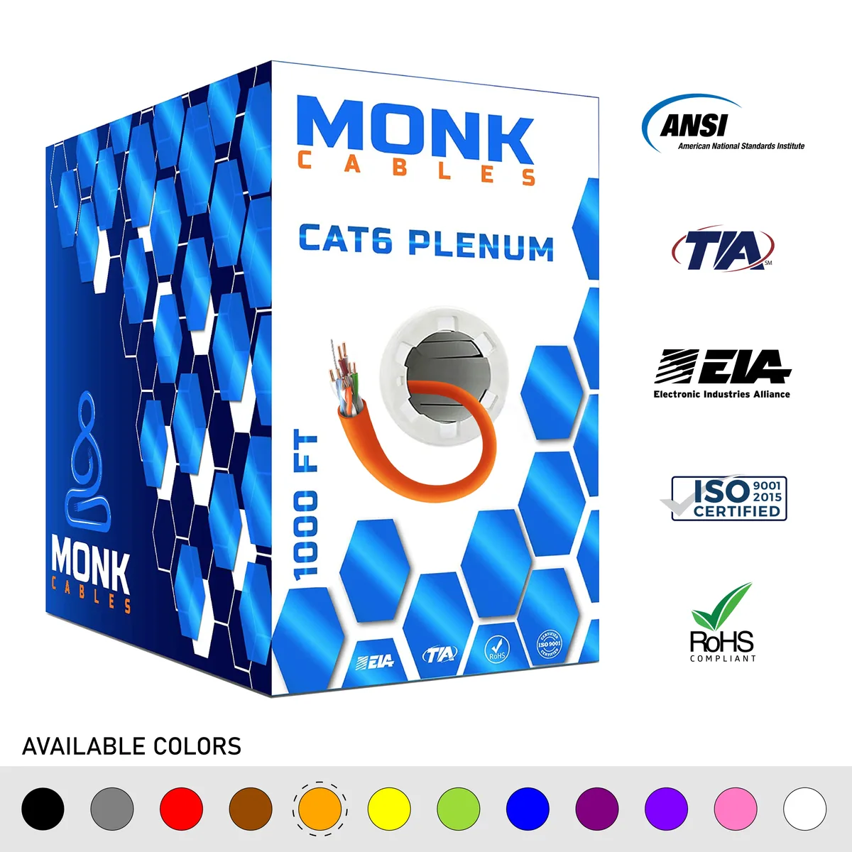 Monk Cables Monk Cables CAT6 Plenum 1000ft 23AWG 550MHz Orange network ethernet cable — product photo