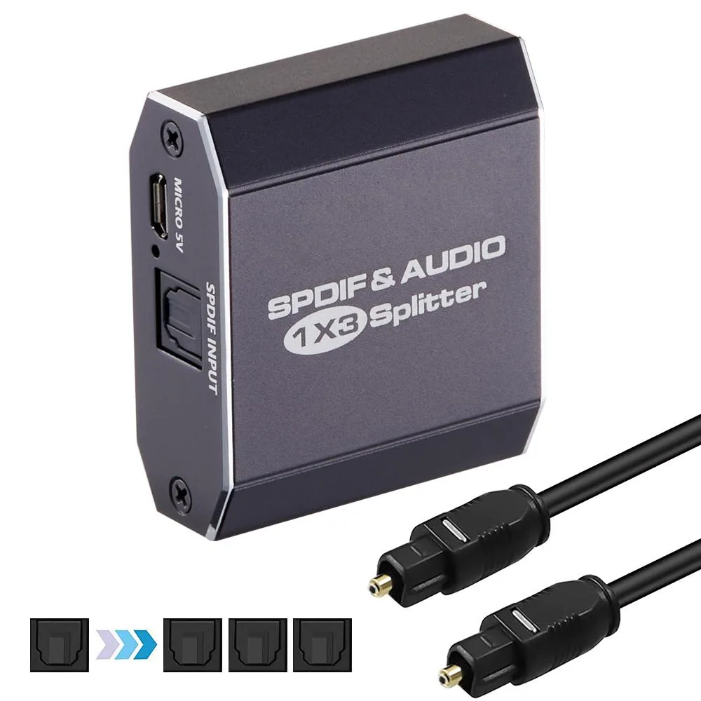 Small black rectangular optical audio splitter with four Toslink ports and a DC power input, aluminum alloy finish
