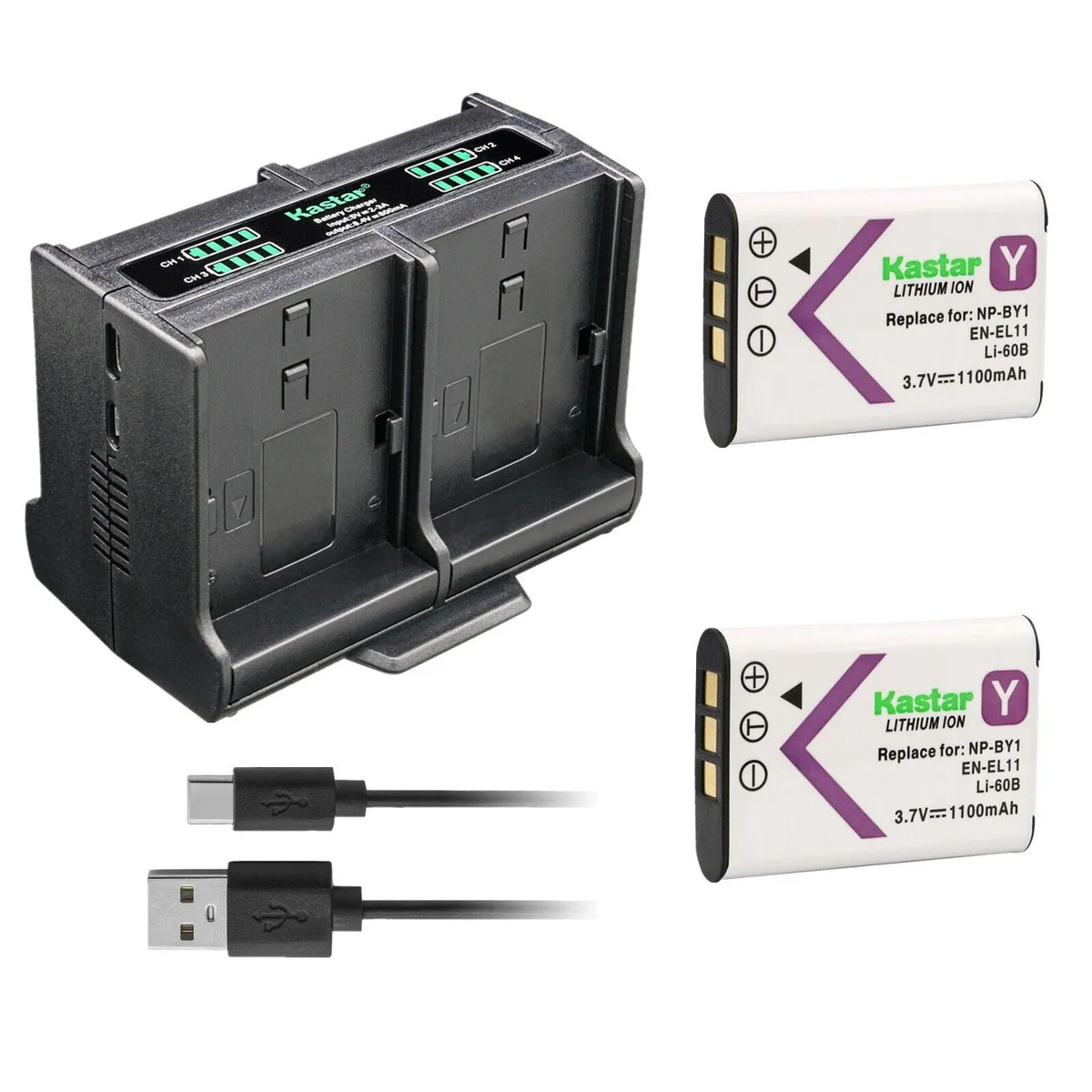 Kastar Kastar NP-BY1 2-pack battery and quadruple charger for Ricoh DB-80 BJ-8 R50 Sanyo DB-L70 — product photo