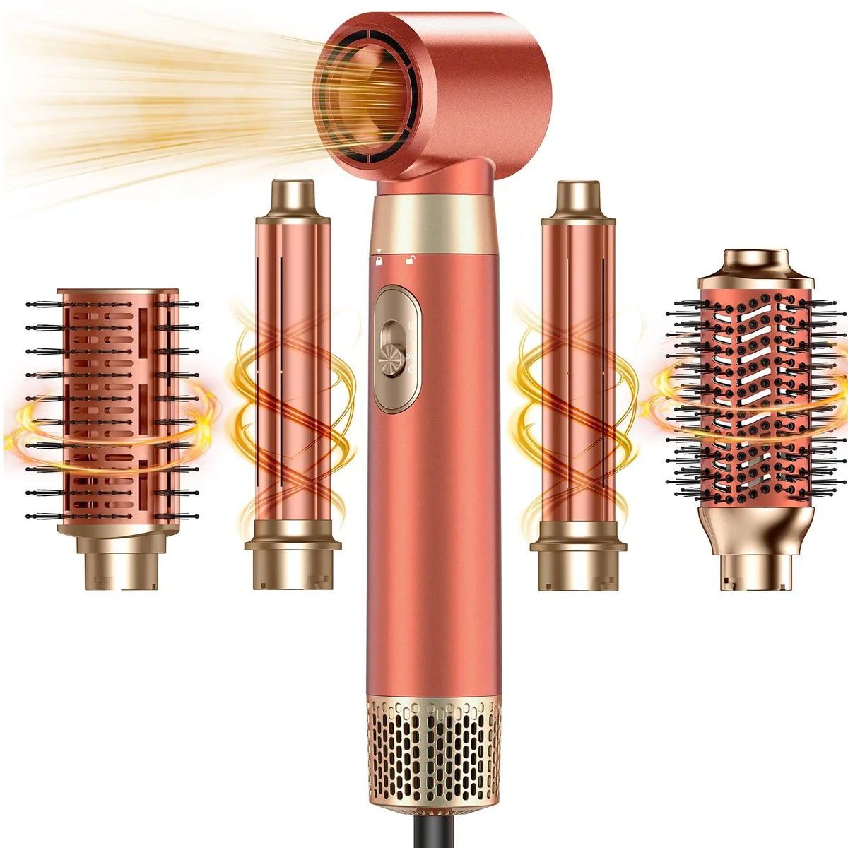 Light gold 5-in-1 hot air styler with detachable brush attachments, corded electric