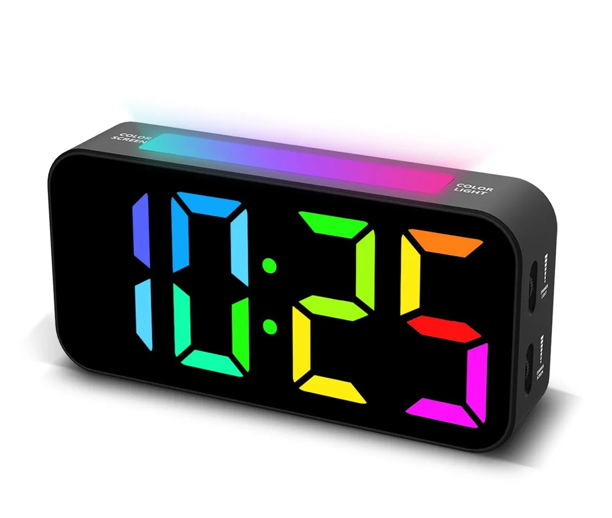 Rectangular digital clock with RGB LED display and night light