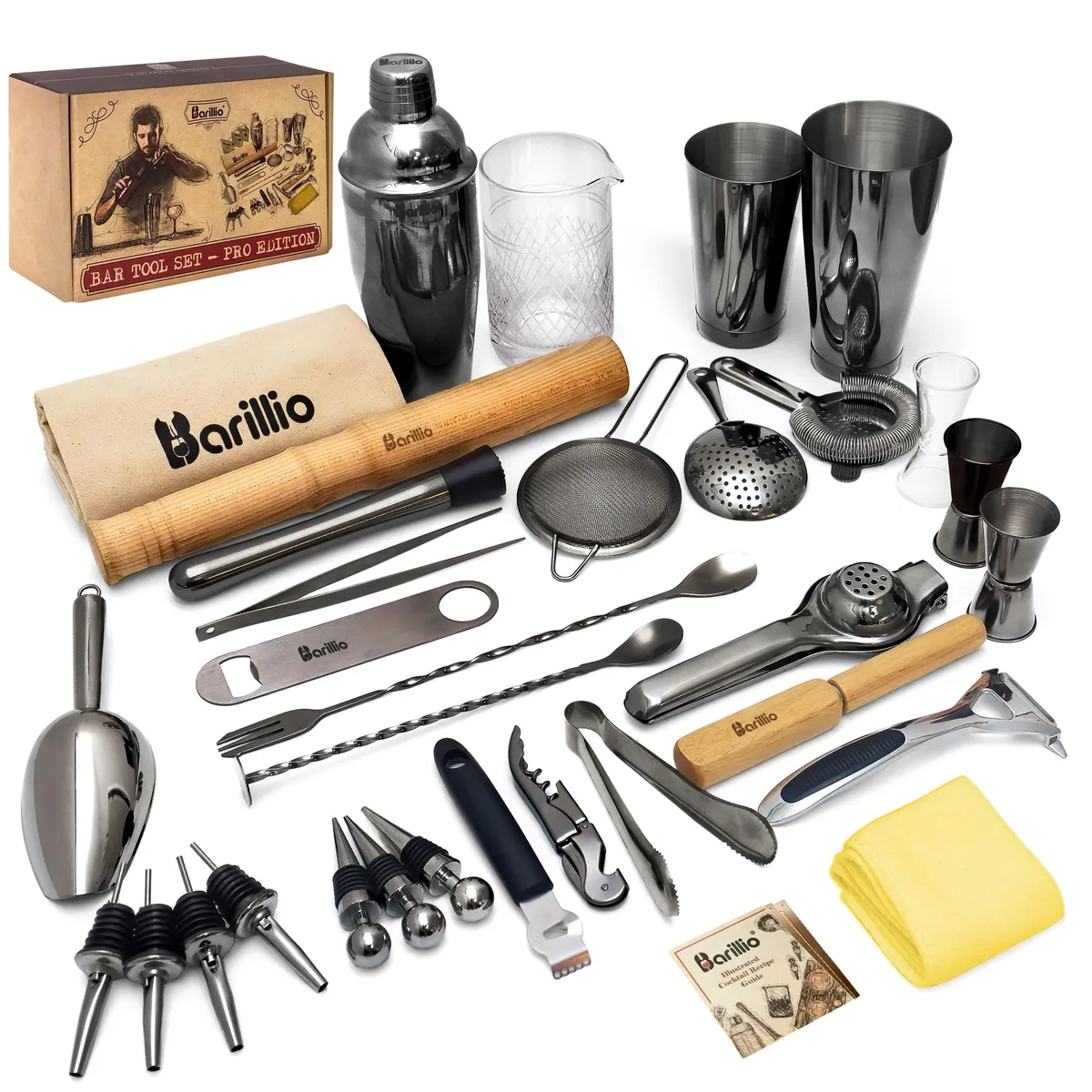 Black stainless-steel 32-piece bar tool set with Boston shaker, mixing glass and accessories