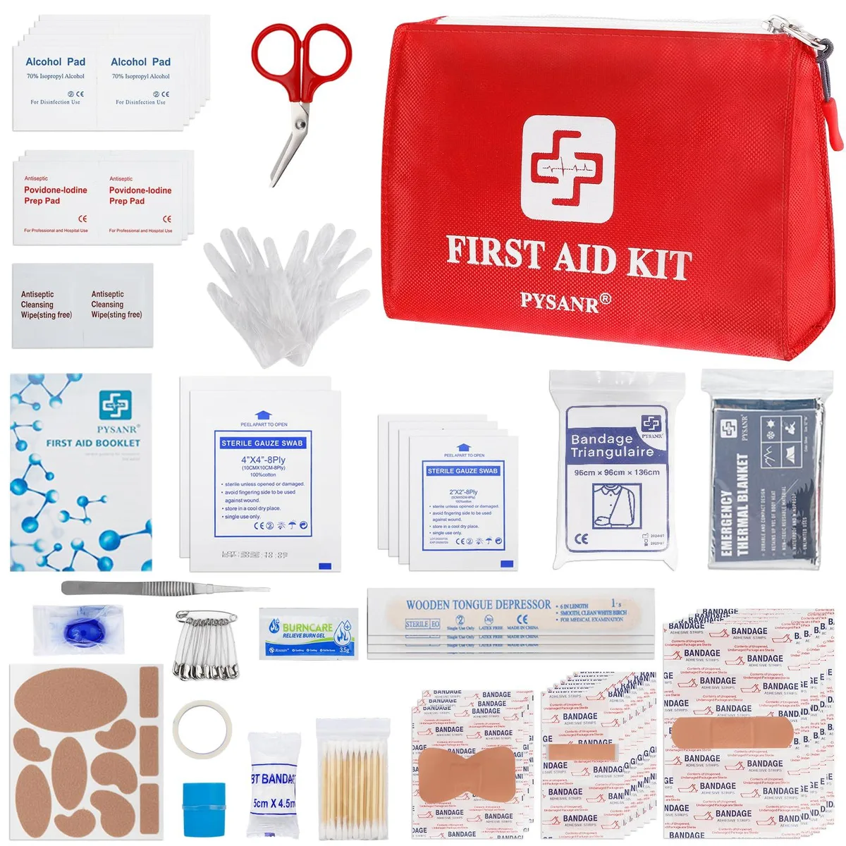 Compact red first aid bag with foil blanket and scissors, 150 pieces inside