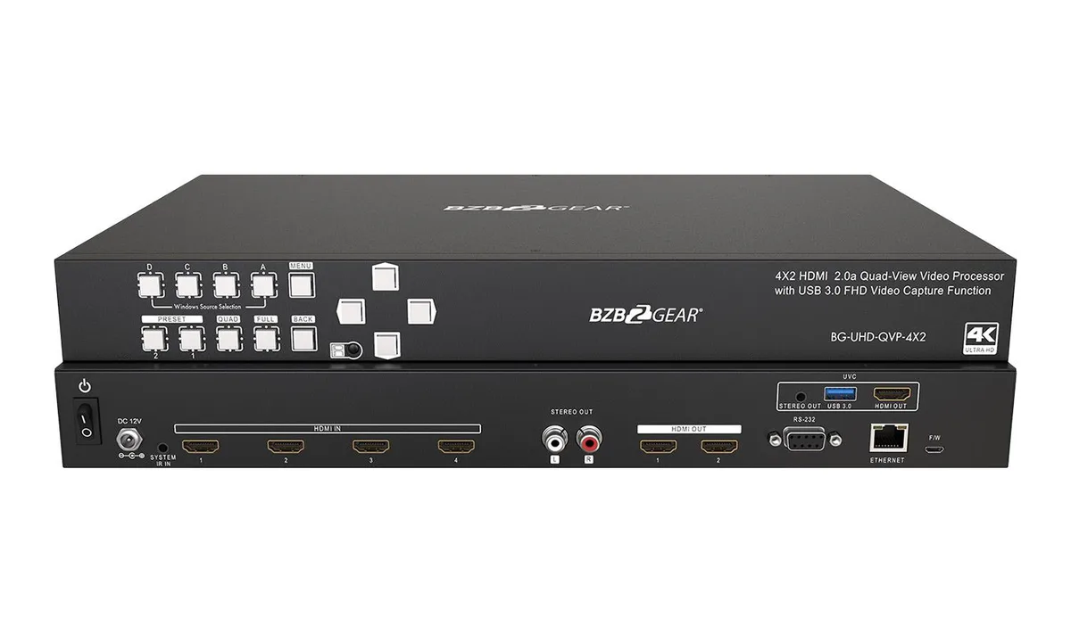 BZBGEAR BZBGEAR BG-UHD-QVP-4X2 4K UHD 4x2 Seamless Switcher Scaler MultiViewer with USB 3.0 Capture — product photo