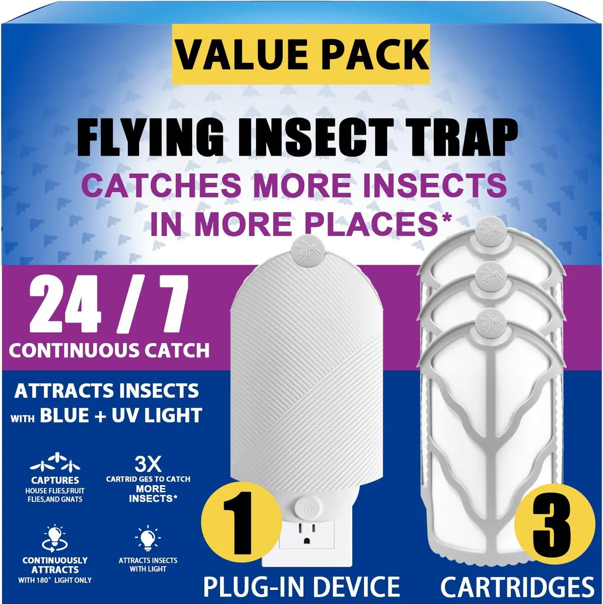 White plug-in insect trap base with three refill cartridges and blue UV light visible