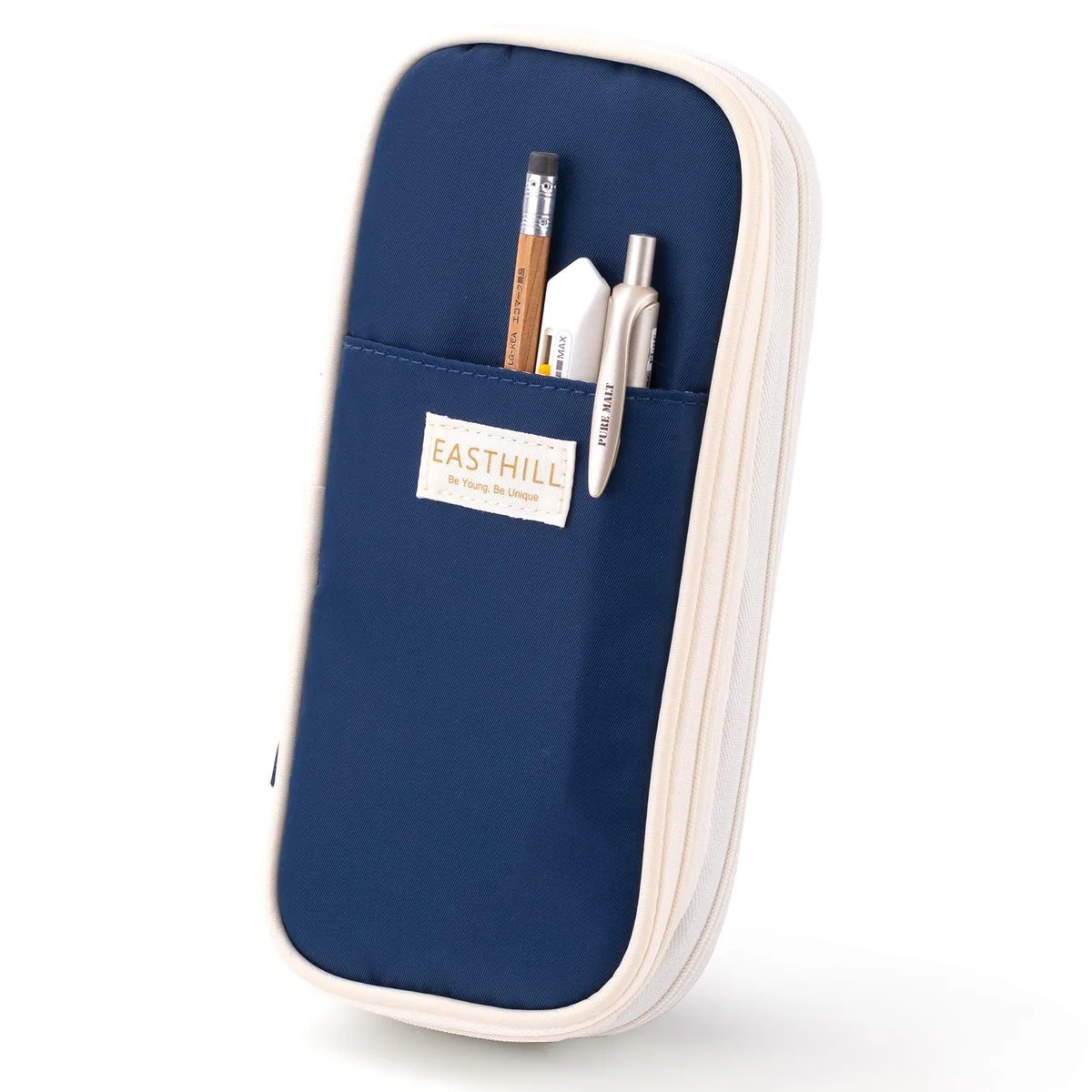 Navy polyester 13 inch pencil case with zipper closure, expandable design, solid colour finish