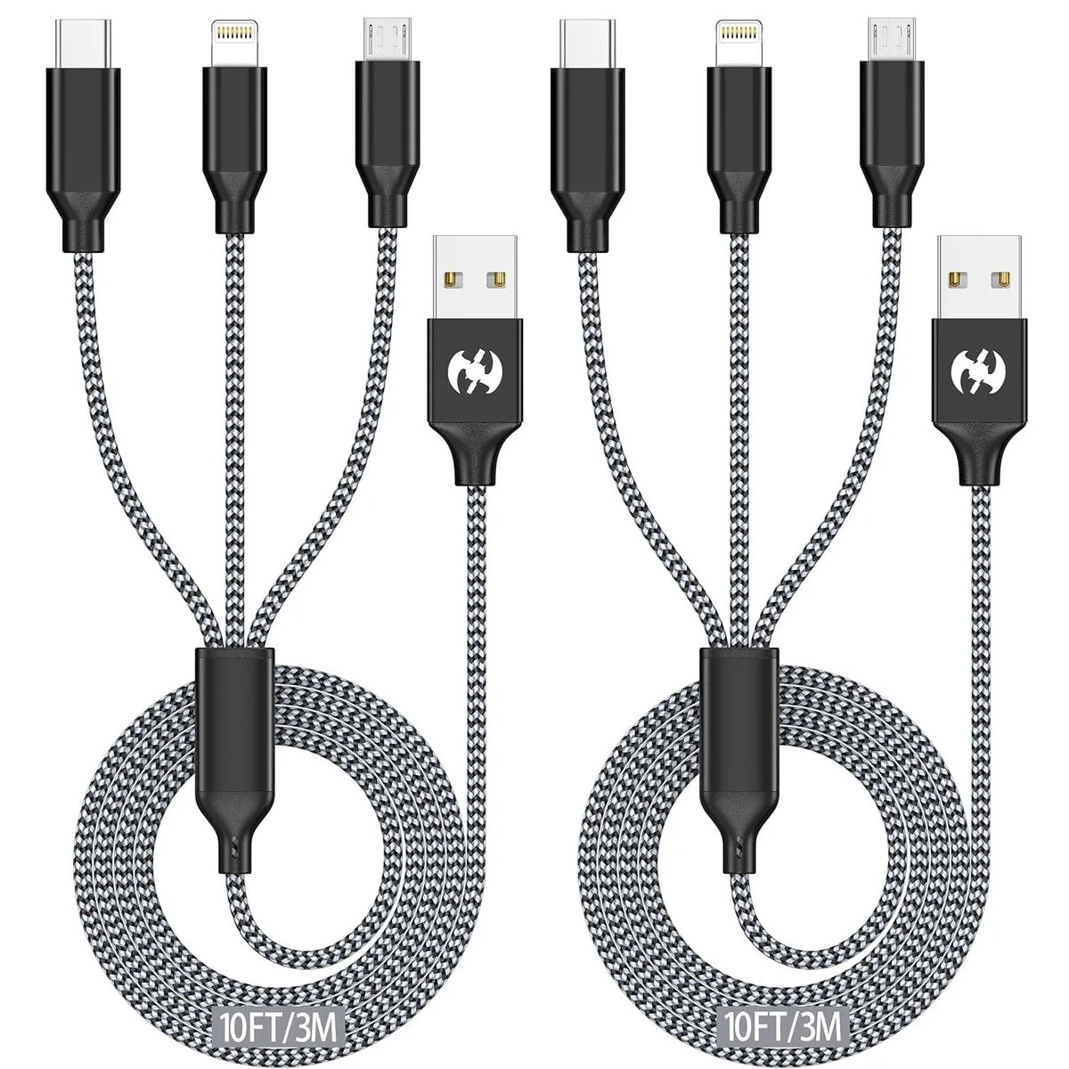 Two ten-foot braided charging cables each with Lightning Type-C and Micro-USB tips