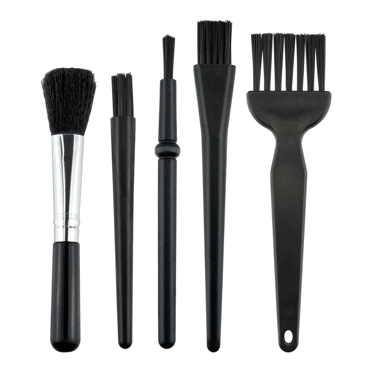 Five black anti-static brushes with PP handles and nylon bristles, mixed hard and soft types