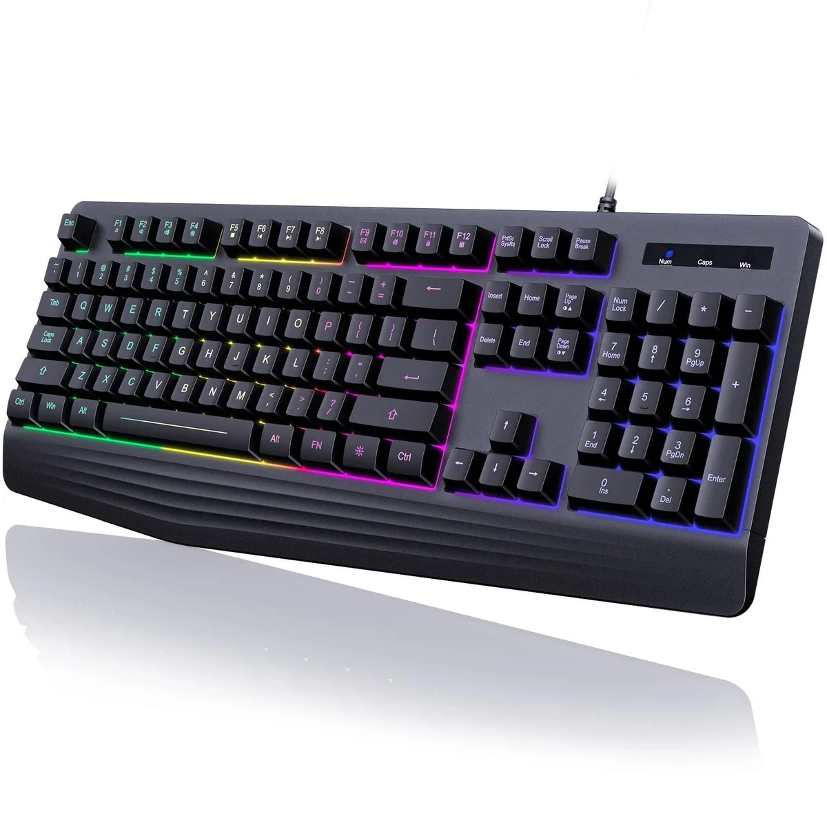  yesbeaut Gaming Keyboard 104-key Membrane Rainbow Backlit USB Wired Wrist Rest — product photo