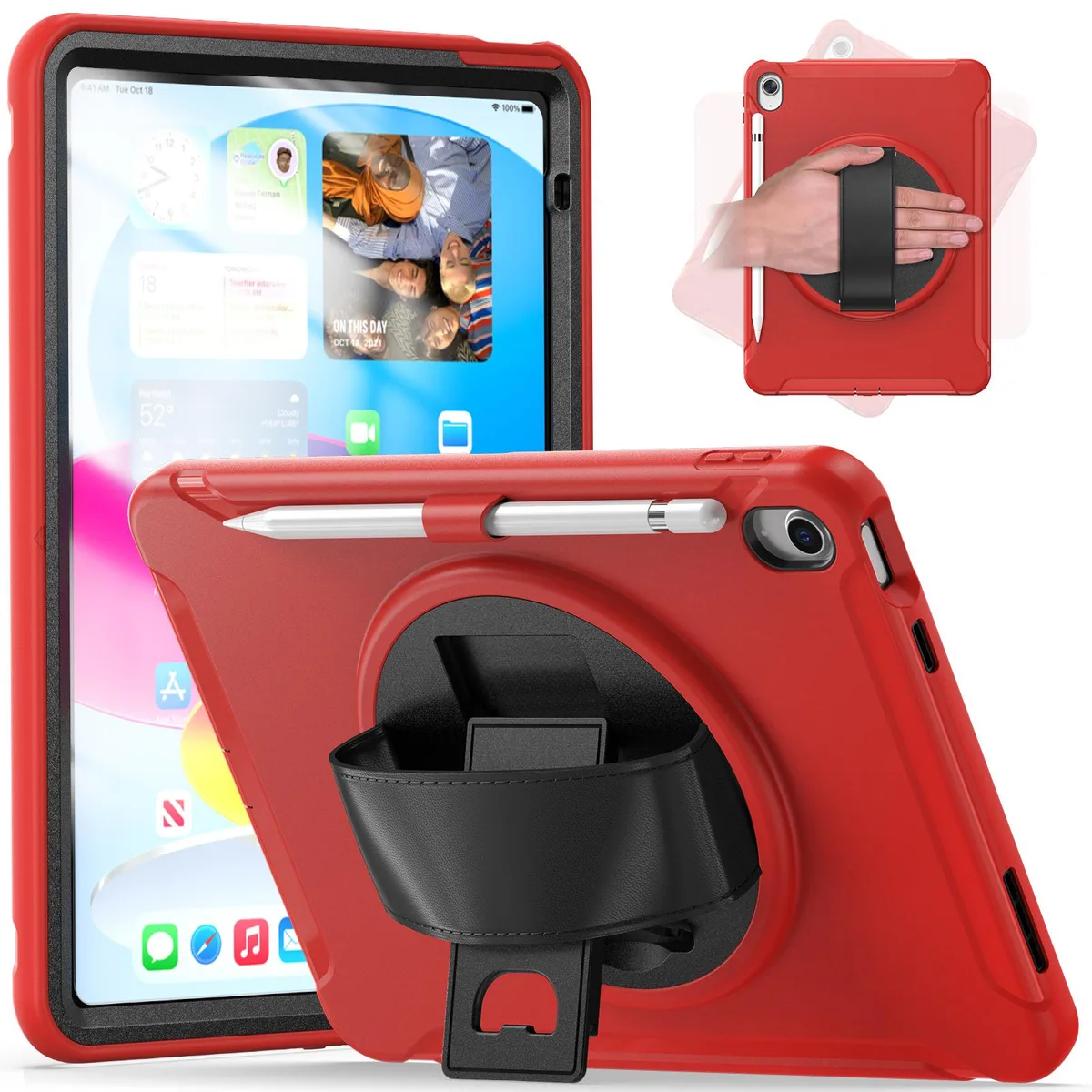 Werleo Werleo iPad 10th Gen 10.9 2022 Case Pencil Holder 360° Swivel Stand Hand Strap Shockproof Red — product photo
