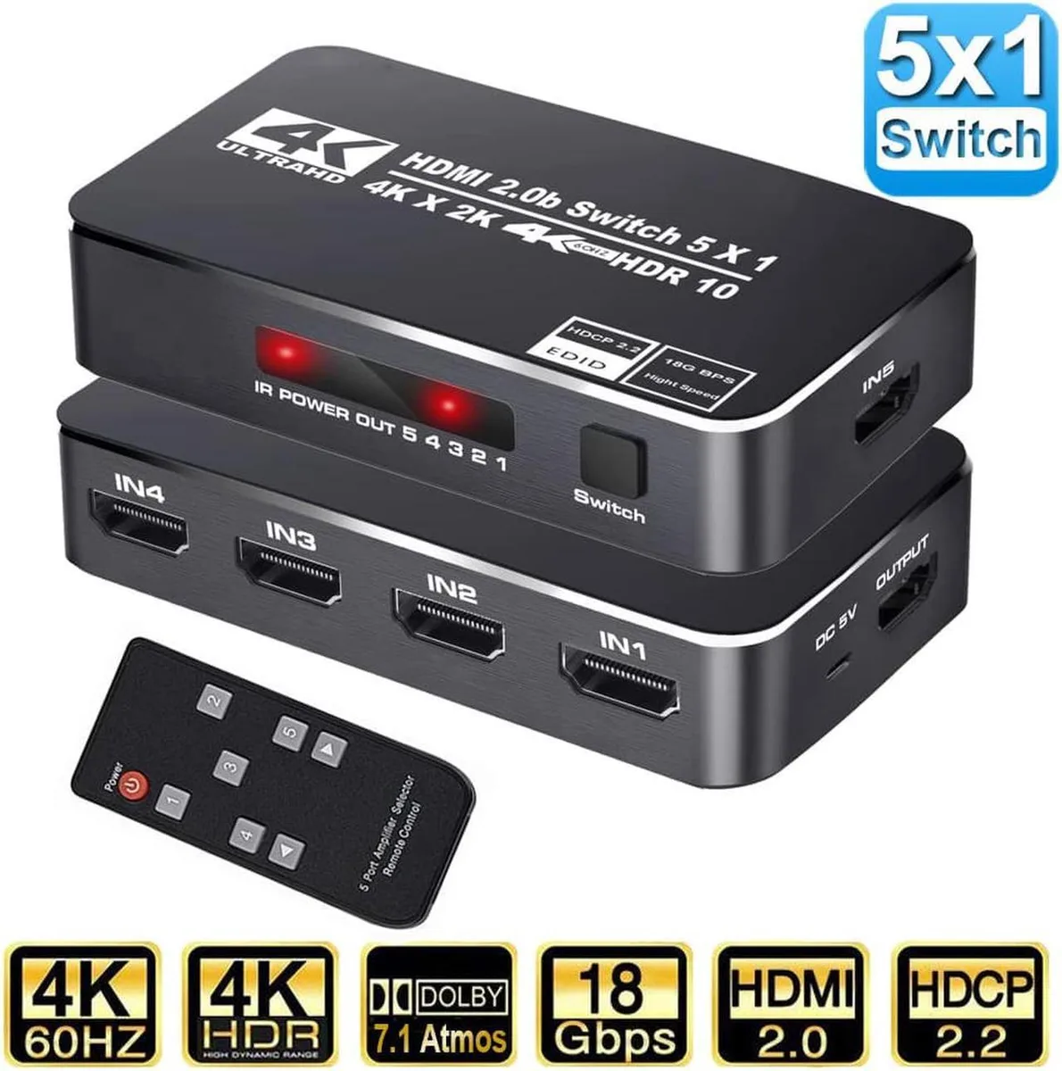 Vszerda Vszerda 5-Port HDMI Switch 4K 60Hz HDR10 HDCP 2.2 Remote — product photo