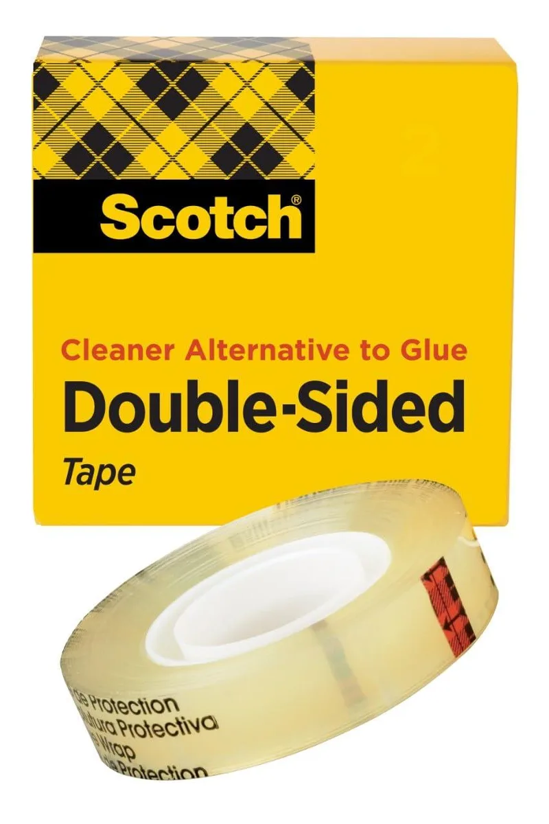 Clear double-sided tape roll, half-inch by 900 inches, in dispenser
