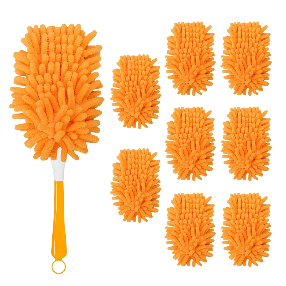 Eight reusable microfiber duster refills in a pack, 360-degree fluffy heads, no handle included