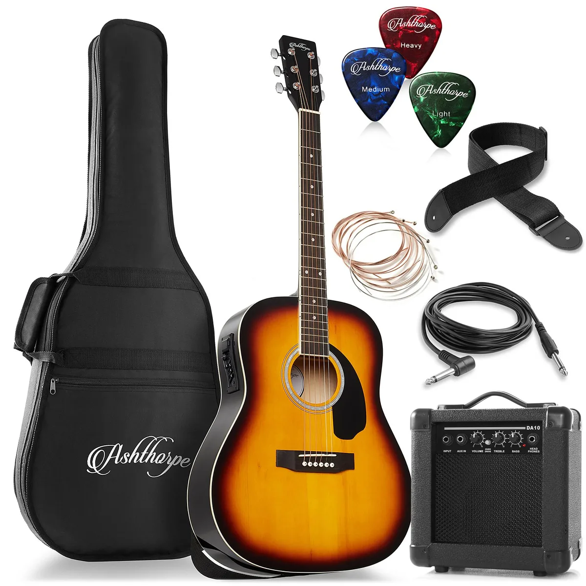Ashthorpe Ashthorpe 41-Inch Dreadnought Acoustic-Electric Guitar Package with 10 Watt Amp Sunburst — product photo