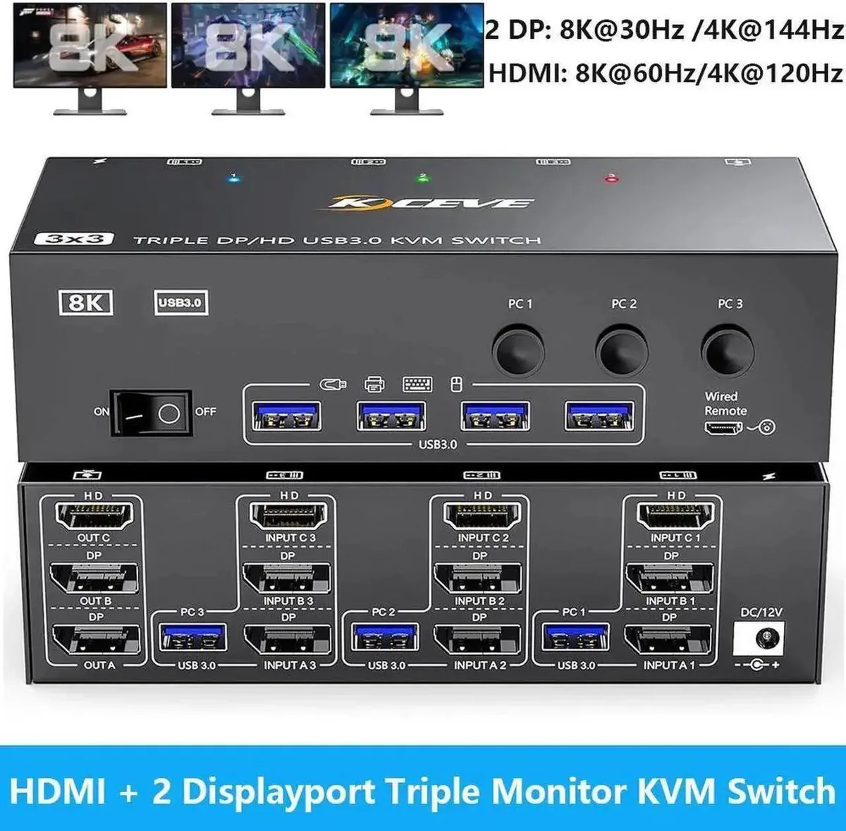 Vszerda Vszerda KVM Switch 3 Monitor 3 Computer 8K@60Hz HDMI 2DP 4 USB 3.0 Wired Remote — product photo
