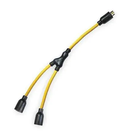 Yellow L14-30P to dual 5-20R adapter cord, 3 ft PVC jacket