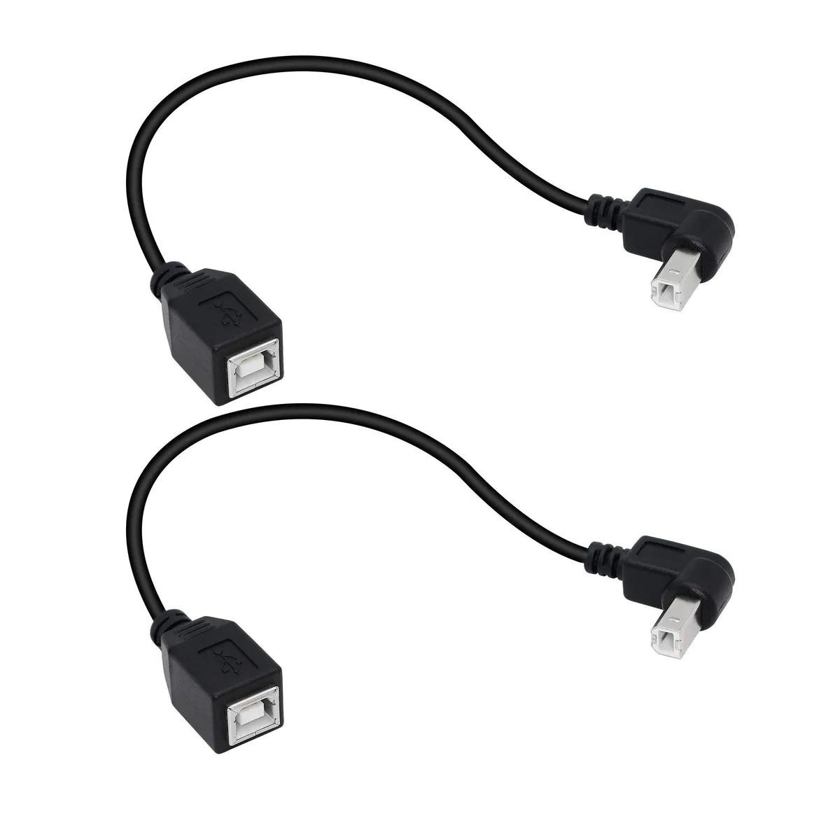 Two short black USB-B cables with right-angle male plugs and straight female sockets