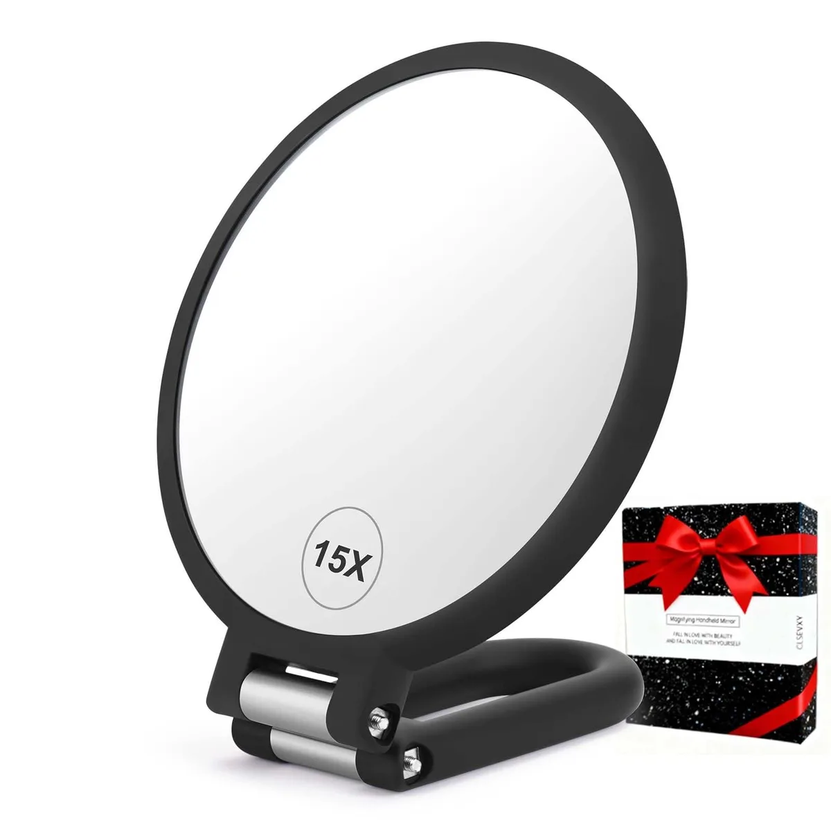 Black round folding mirror with handle, 9.6 by 5.5 inches, double-sided 1x and 15x magnification